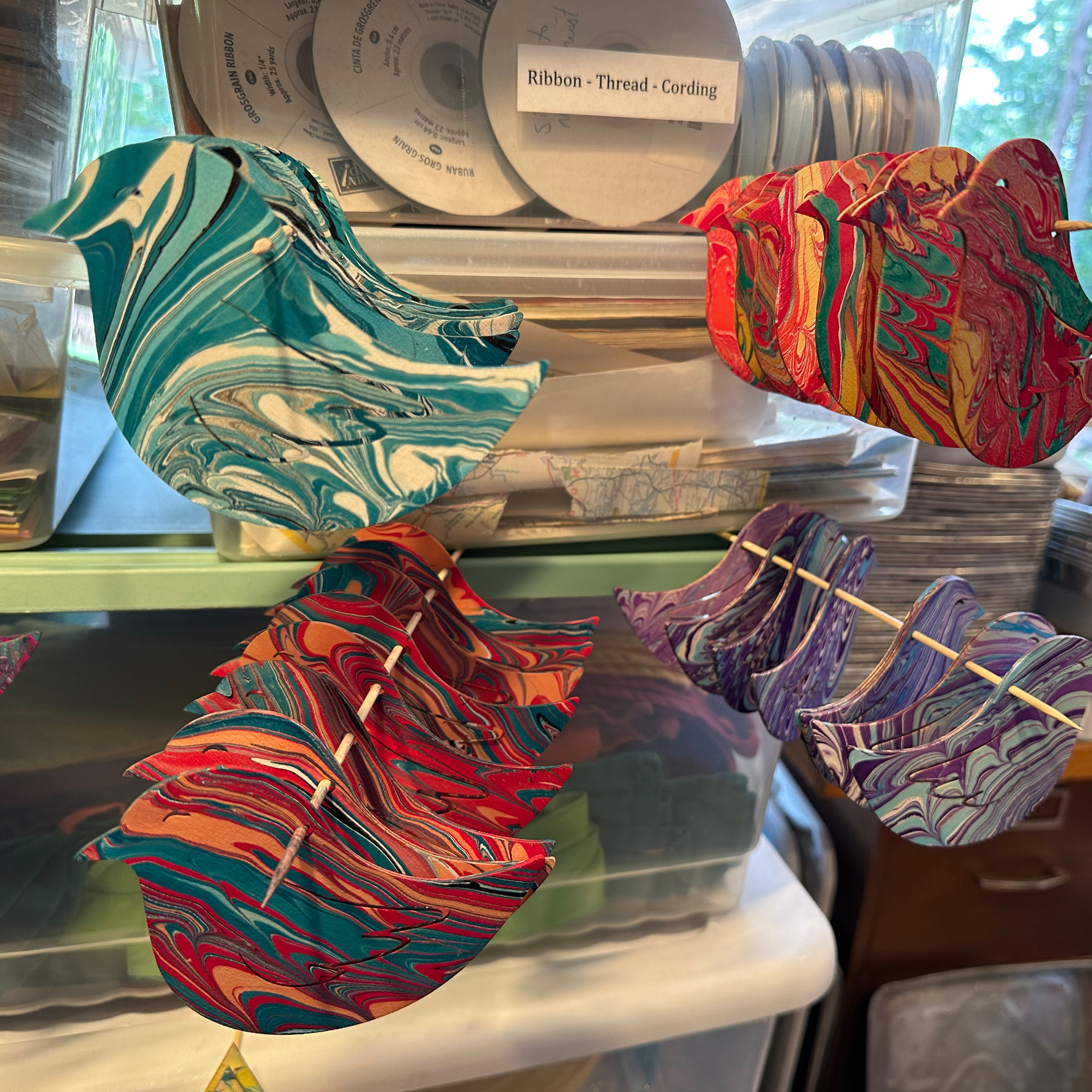 Marbled bird ornaments by Cristina Hajosy